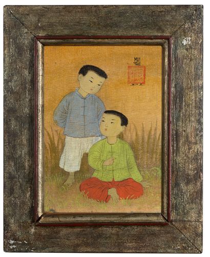 MAI TRUNG THỨ (1906-1980) 两个小男孩在玩耍，1953年
水墨和色彩在丝绸上，右上方有签名和日期。装在艺术家制作的原框中。
17.8 x...