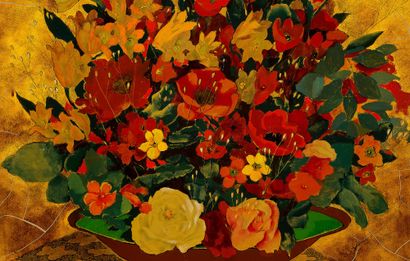 ALIX AYMÉ (1894-1989) Bouquet de fleurs, circa 1970
Laque et rehauts d'or, signée...