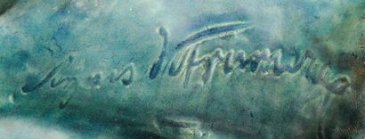 LACHENAL Sculpture en céramique émaillée bleue nuancée vert figurant une muse. Signée...