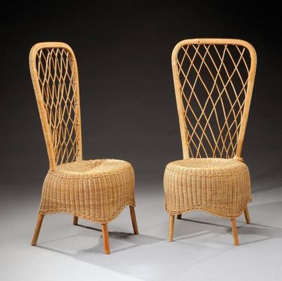JEAN ROYERE (1902-1981) Paire de chaises hautes en rotin tressé. Vers 1950-1952....