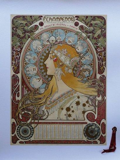 ALPHONSE MUCHA (1860-1939) «Zodiaque» Rare calendrier affiche lithographiée encadrée....