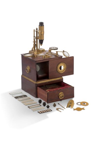 JACOBI À PARIS Microscope composé à boîte de type Marie en laiton doré, le socle...