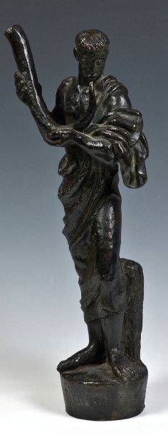 LOUIS LEYGUE (1905-1992) «Le joueur d'Oliphant» Sculpture en bronze à patine verte...