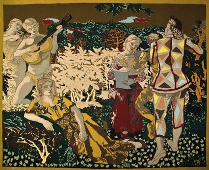 Maurice BRIANCHON (1899-1979) «La Sérénade» Très rare tapisserie à decor de personnages...