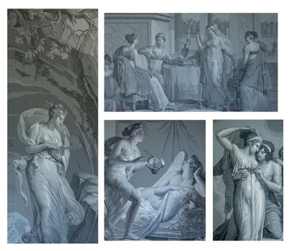 DUFOUR Importante suite de neuf papiers peints, peints en grisailles, représentant...