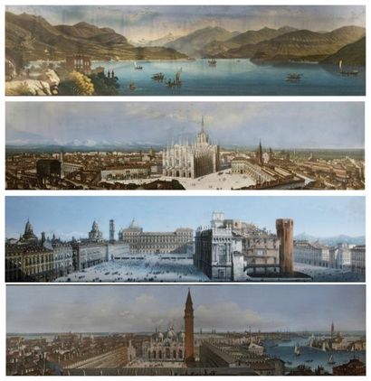 null Suite de quatre gravures aquarellées Vues de villes d'Italie 22 x 89 cm à v...