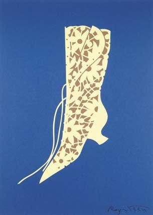 Roger VIVIER "Papier découpé" demi-botte jaune sur fond bleu 68 x 48 cm - 1987 -...