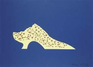 Roger VIVIER «Papier découpé» soulier jaune sur fond bleu 48 x 68 cm - 1987 - si...