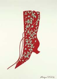 Roger VIVIER «Papier découpé» demi-botte rouge et verte sur fond crème 68 x 48 c...