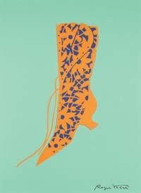 Roger VIVIER «Papier découpé» demi-botte orange et bleu sur fond vert 68 x 48 cm