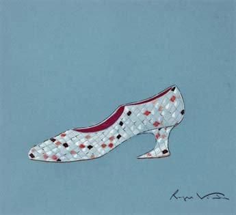 Roger VIVIER Projet de soulier "damier" pastel sur papier SBD 22 x 22 cm