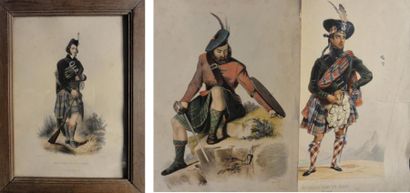 null Suite de 5 gravures réhaussées en couleur 19ème siècle Ecossais chef de clan...