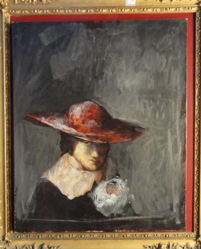 Ecole Française XXe Femme au chapeau rouge 60,5 x 50 cm