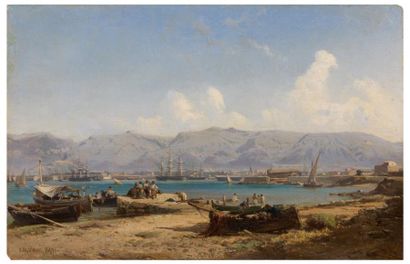 Vincent COURDOUAN (1810-1893) Port de Toulon, 1859 Huile sur carton, signée et datée...