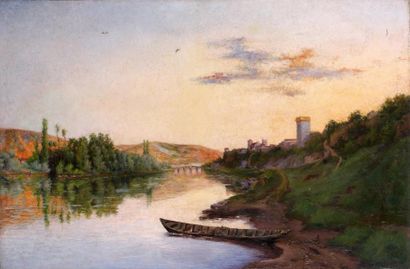 Attribué à Frants ROUBAUD (1856-1928) Paysage à la rivière Huile sur toile, signée...