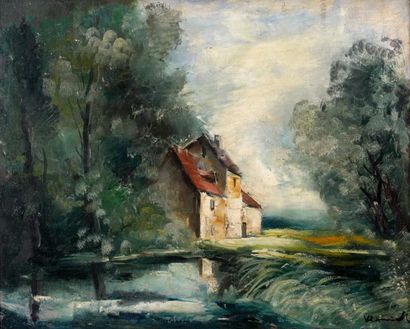 Maurice de VLAMINCK (1876-1958) La maison au bord de l'étang Huile sur toile, signée...