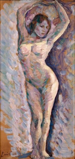 Lucie COUSTURIER (1870-1925) Femme nue Huile sur carton, signée d'un cachet en bas...