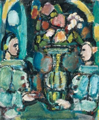 Georges ROUAULT (1871-1958) Pierrots bleus au bouquet, circa 1946 Huile, crayon et...