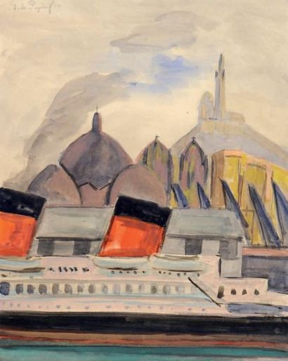 Georges de POGÉDAÏEFF (1897-1971) Le Paquebot dans le port de Marseille Aquarelle...