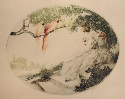 James HARDY (1832-1889) La dame aux perroquets Gravure en couleur Signée en bas à...