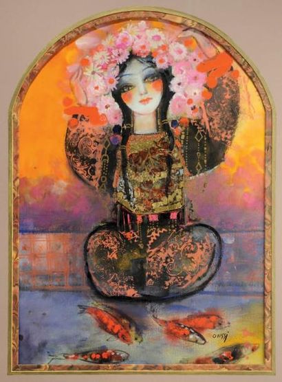 Nasser OVISSI (né en 1934) La dame aux fleurs et aux poissons rouges Technique mixte,...