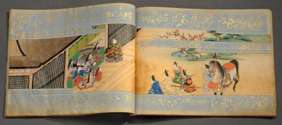 JAPON Manuscrit orné de neuf scènes aquarellées racontant l'histoire du Japon au...