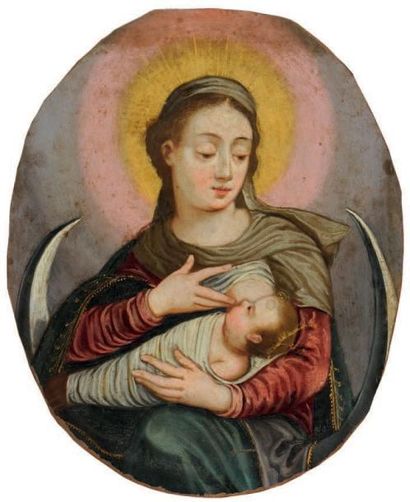 Ecole FRANCAISE du XVIIème siècle La Vierge allaitant Huile sur cuivre oval 16,5...