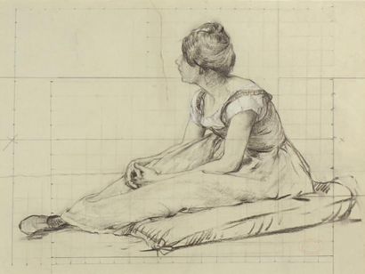 Fréderic MONTENARD (1849-1926) Femme au drapé assise Esquisse eu fusain Cachet d'atelier...