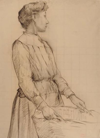 Fréderic MONTENARD (1849-1926) Femme au panier Fusain sur papier Cachet d'atelier...
