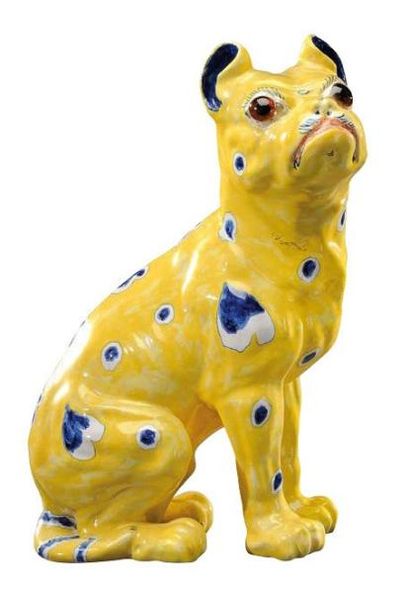 EMILE GALLE (1846-1904) Bulldog en céramique émaillée et yeux en sulfure présentant...