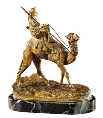 ALEXANDRE LEONARD (1821-1877) «Méhariste» Epreuve en bronze à patine dorée et ivoire...