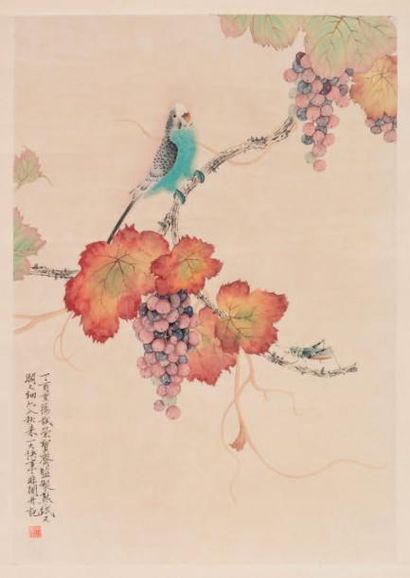 CHINE Rouleau vertical encres et couleur sur papier représentant une perruche perchée...