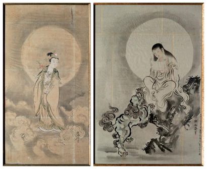 JAPON Deux peintures sur papier, encre et couleurs représentant des personnages du...