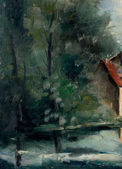 Maurice de Vlaminck (1876-1958) La maison au bord de l'étang Huile sur toile, signée...
