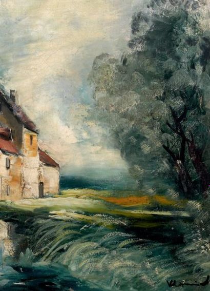 Maurice de Vlaminck (1876-1958) La maison au bord de l'étang Huile sur toile, signée...