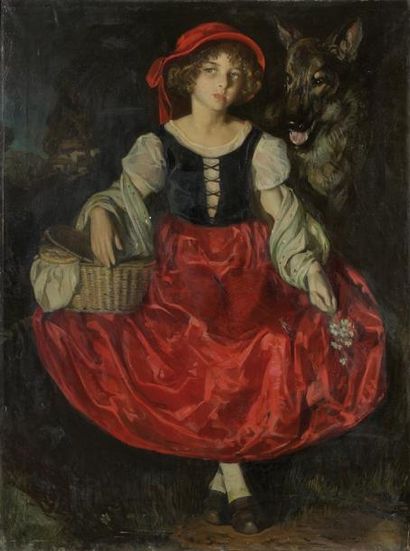 José CRUZ HERRERA (1890-1972) Portrait de Suzanne en petit chaperon rouge Huile sur...