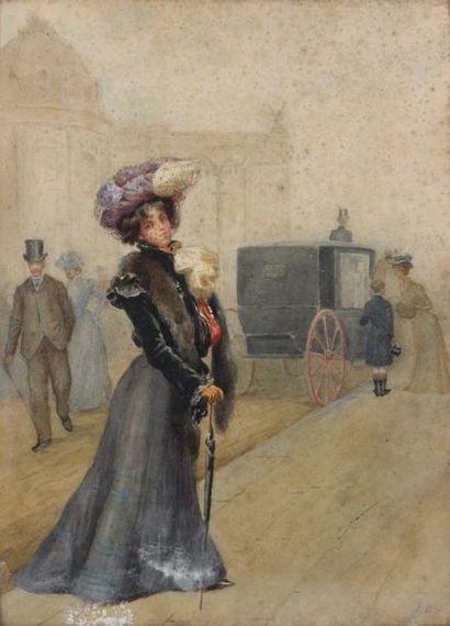 Jean BERAUD (1849-1936) La sortie du Grand Palais Aquarelle et rehauts de gouache,...