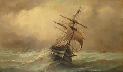 Ferdinand BONHEUR (1817-1887) Navire dans la tempête Huile sur toile, signée en bas...