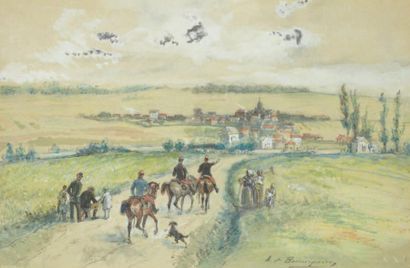 Alfred Quesnay de BEAUREPAIRE (né en 1830) Promenade à cheval Encre et pastel, signée...