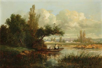 Emile Charles LAMBINET (1845-1877) Les barques Huile sur toile signée en bas à gauche...