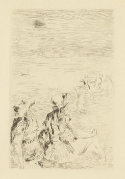 Pierre Auguste RENOIR (1841-1919) Sur la plage à Berneval Gravure en noir, autour...