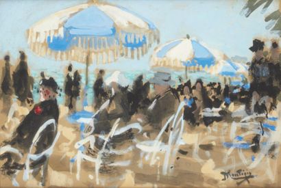 Pierre-Eugène MONTÉZIN (1874-1946) Sur la plage Gouache et aquarelle sur carton,...