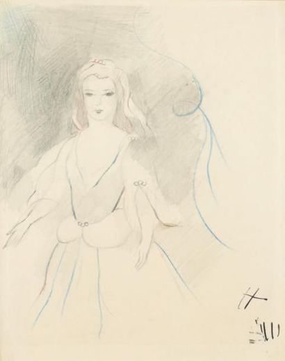 Marie LAURENCIN (1885-1956) Jeune fille aux perles Crayon et crayons de couleur,...