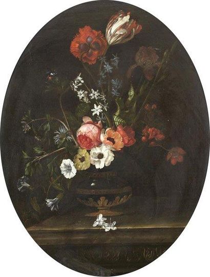 Attribué à Willem van AELST (1627-1683) Bouquet de fleurs dans un vase sur un entablement...