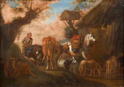 Pieter Van Bloemen (1657-1720) Troupeau à l'entrée d'un village Toile 40 x 56,5 cm...