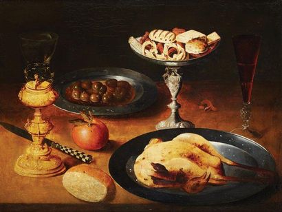 Attribué à Gottfried Von WEDIG (1583-1614) Nature morte au plat d'olives, Römer monté,...