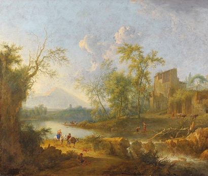 Attribué à Frédérik de MOUCHERON (1633-1686) Paysans rentrant leurs troupeaux Toile...