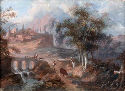 Attribué à Charles Francois NIVARD (1739-1821) Troupeaux au bord de la rivière Paire...