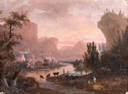 Attribué à Charles Francois NIVARD (1739-1821) Troupeaux au bord de la rivière Paire...