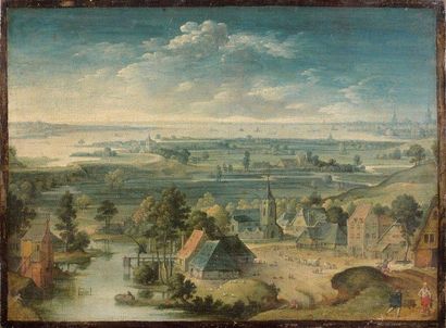 Attribué à HANS BOL (1534-1593) Vue panoramique d'un village des Flandres à droite...